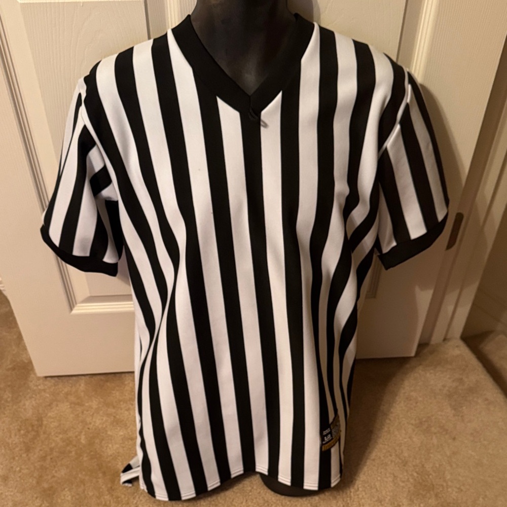 Black & White Striped V-Neck Referee-Style Men's Shirt